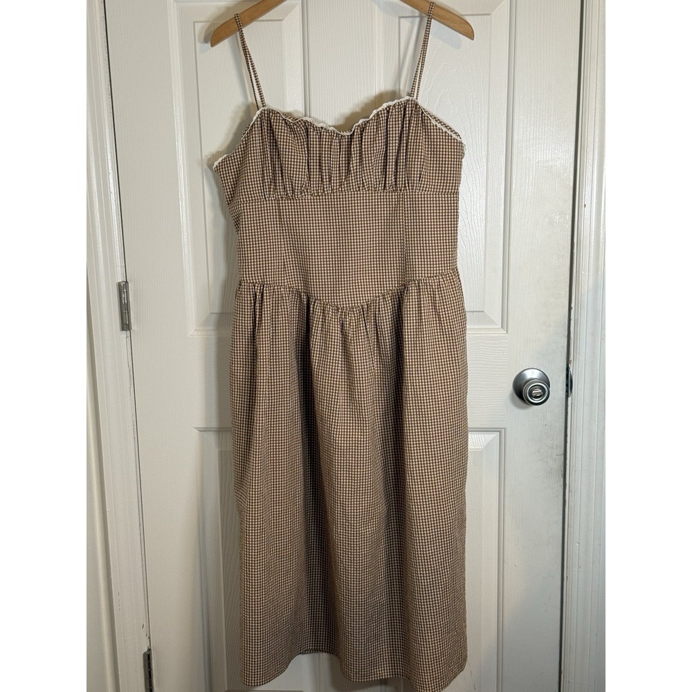 A New Day Brown/White Gingham Boho  Smocked Strappy Midi Dress XL pockets